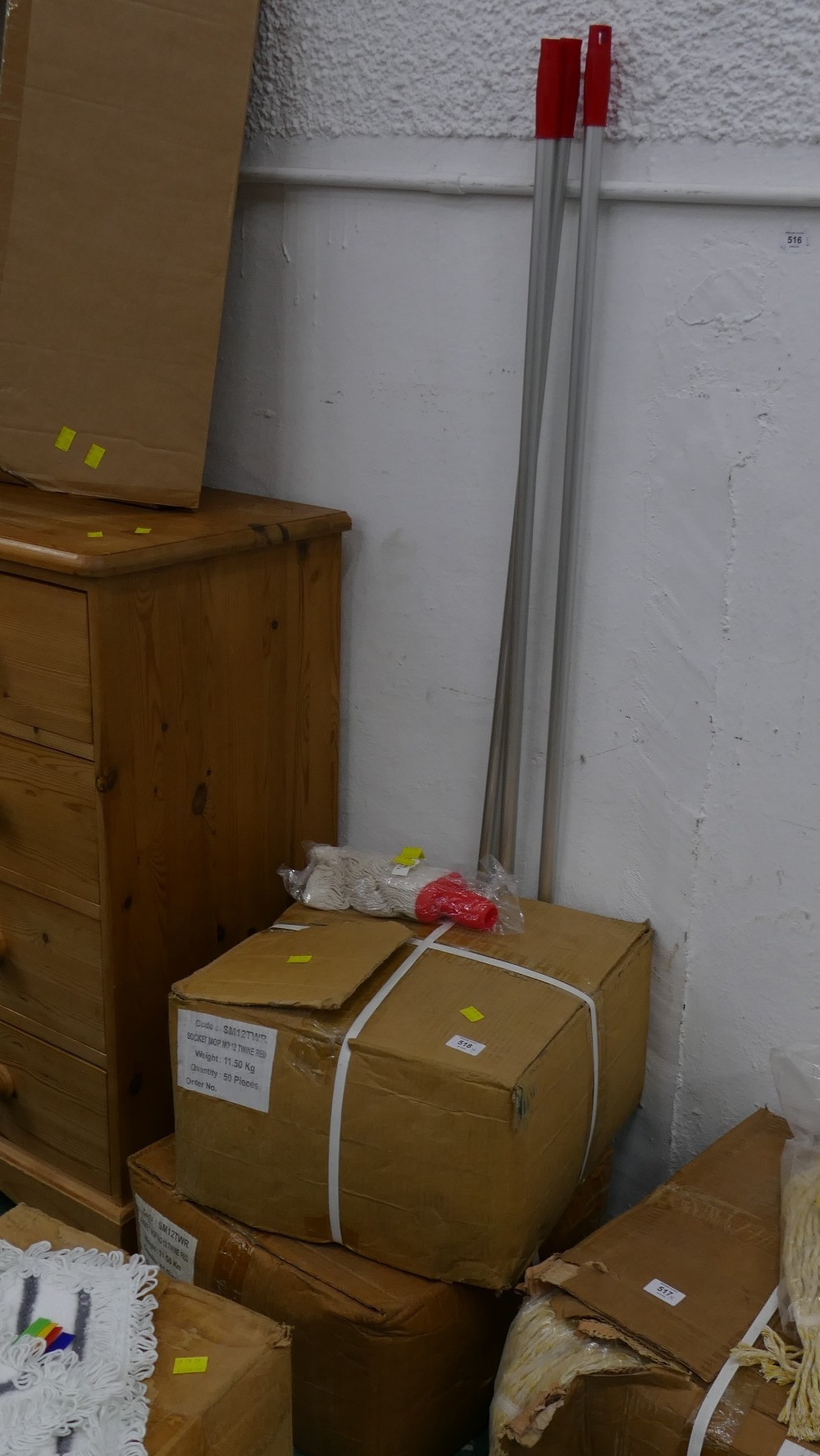 Two boxes of socket mop No 12 Twine red mop heads with three poles