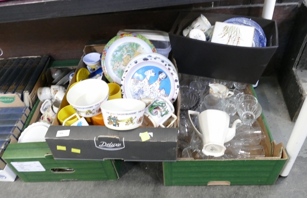 Three boxes of ceramics, glassware, plastic wear etc