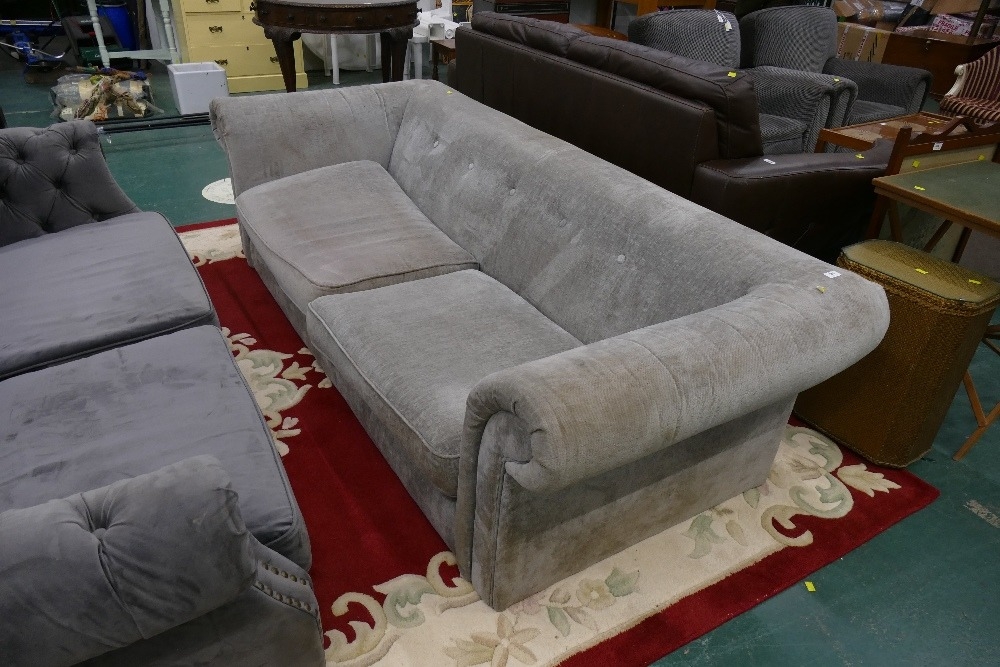 Grey velvet sofa with button back 226 cm long (no feet)