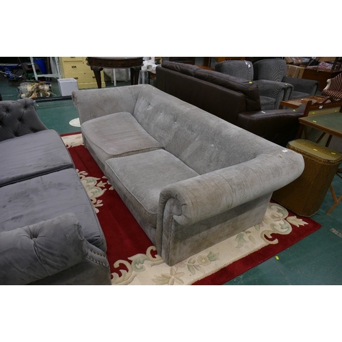 Grey velvet sofa with button back 226 cm long (no feet)