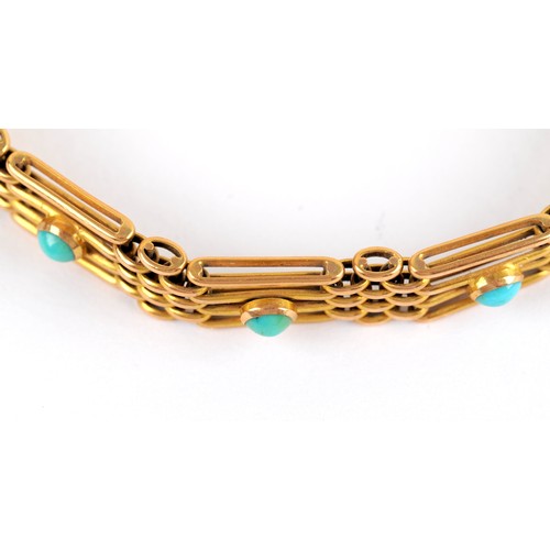 3 - An 18ct yellow gold bar link bracelet, the articulated segments inset with cabochon turquoise stones... 