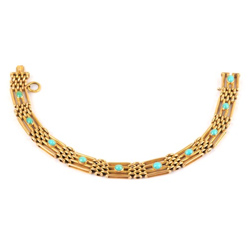 3 - An 18ct yellow gold bar link bracelet, the articulated segments inset with cabochon turquoise stones... 