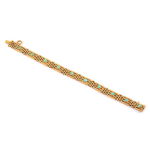 3 - An 18ct yellow gold bar link bracelet, the articulated segments inset with cabochon turquoise stones... 