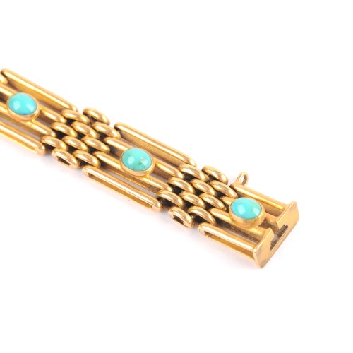 3 - An 18ct yellow gold bar link bracelet, the articulated segments inset with cabochon turquoise stones... 