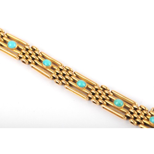 3 - An 18ct yellow gold bar link bracelet, the articulated segments inset with cabochon turquoise stones... 