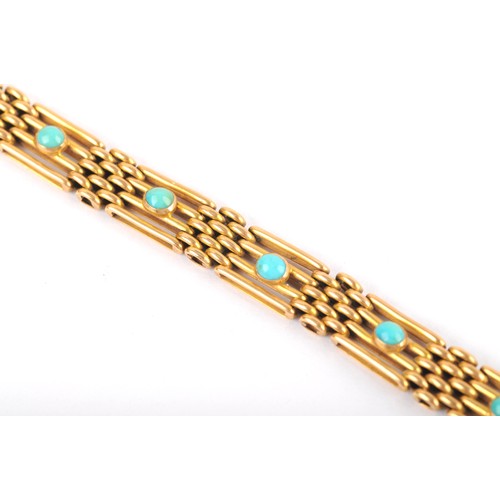 3 - An 18ct yellow gold bar link bracelet, the articulated segments inset with cabochon turquoise stones... 