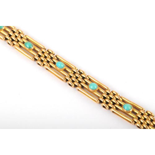 3 - An 18ct yellow gold bar link bracelet, the articulated segments inset with cabochon turquoise stones... 