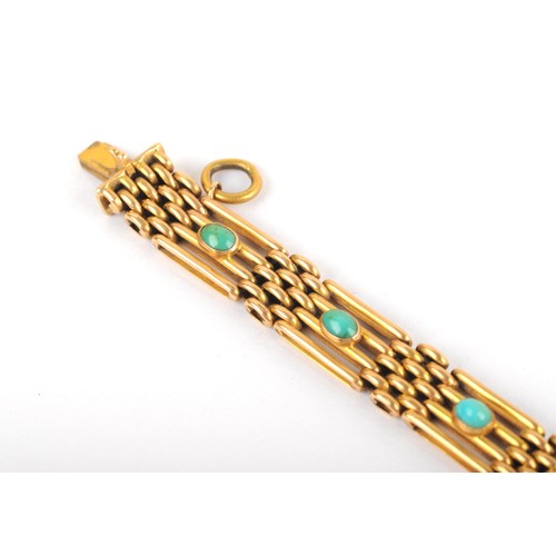 3 - An 18ct yellow gold bar link bracelet, the articulated segments inset with cabochon turquoise stones... 