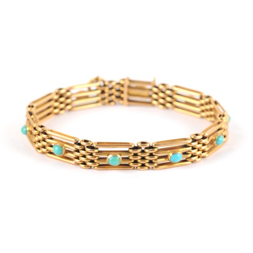 3 - An 18ct yellow gold bar link bracelet, the articulated segments inset with cabochon turquoise stones... 