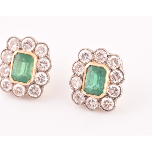 8 - A pair of 18ct yellow gold, diamond, and emerald earrings, each set with a mixed emerald-cut emerald... 