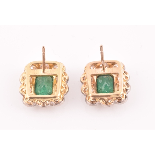 8 - A pair of 18ct yellow gold, diamond, and emerald earrings, each set with a mixed emerald-cut emerald... 