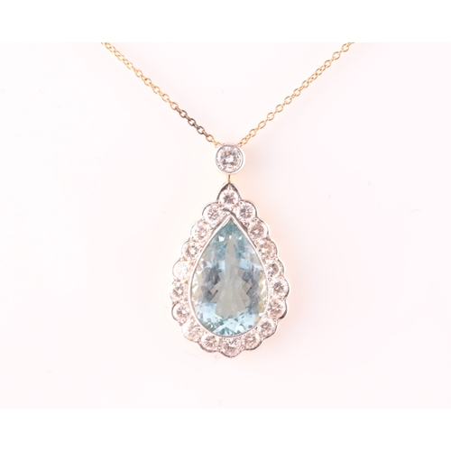 14 - An 18ct yellow gold, diamond, and aquamarine pendant, set with a mixed pear-cut aquamarine of approx... 