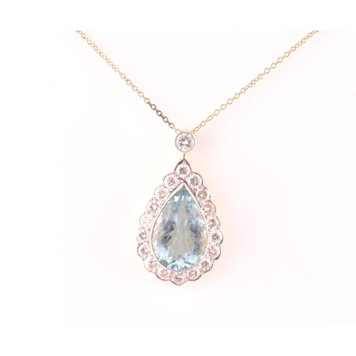 14 - An 18ct yellow gold, diamond, and aquamarine pendant, set with a mixed pear-cut aquamarine of approx... 