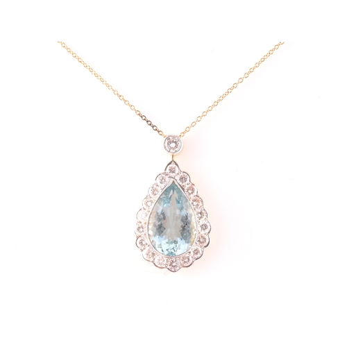 14 - An 18ct yellow gold, diamond, and aquamarine pendant, set with a mixed pear-cut aquamarine of approx... 