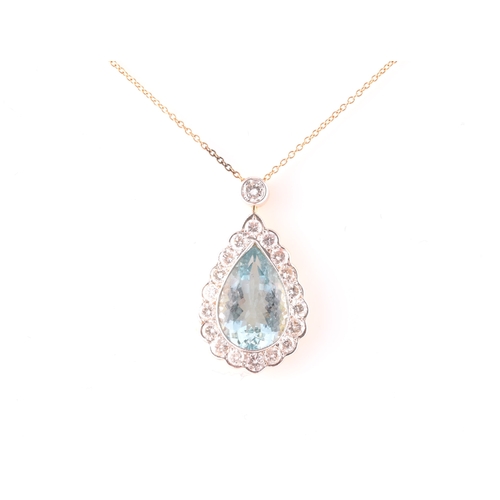 14 - An 18ct yellow gold, diamond, and aquamarine pendant, set with a mixed pear-cut aquamarine of approx... 