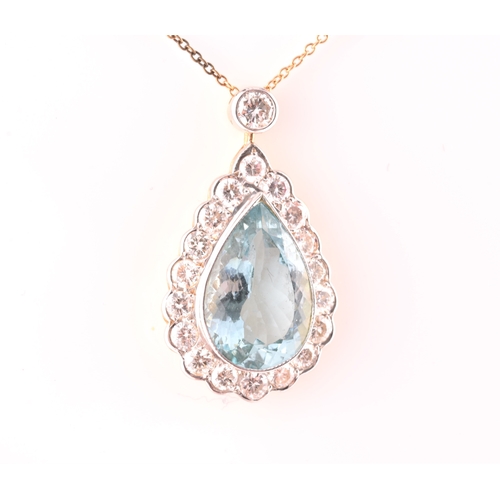 14 - An 18ct yellow gold, diamond, and aquamarine pendant, set with a mixed pear-cut aquamarine of approx... 