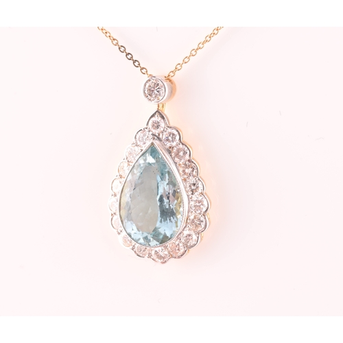 14 - An 18ct yellow gold, diamond, and aquamarine pendant, set with a mixed pear-cut aquamarine of approx... 