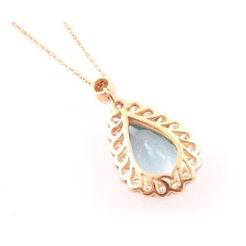 14 - An 18ct yellow gold, diamond, and aquamarine pendant, set with a mixed pear-cut aquamarine of approx... 