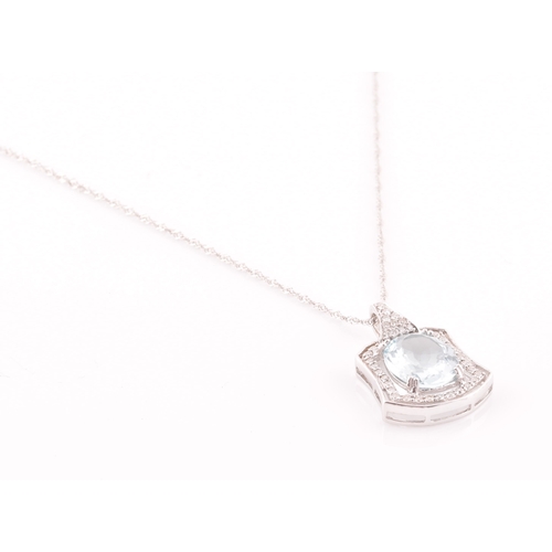 16 - An 18ct white gold, diamond, and aquamarine, pendant, set with a mixed oval-cut aquamarine measuring... 