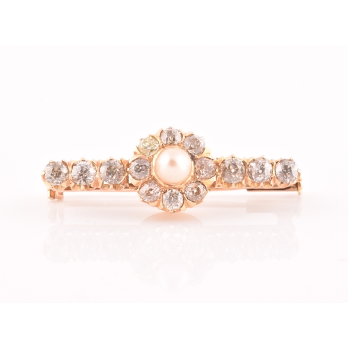 20 - A Victorian yellow gold, diamond, and pearl bar brooch, centred with a pearl measuring approximately... 