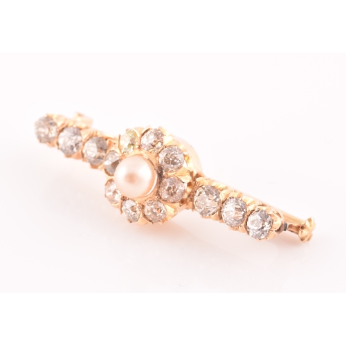 20 - A Victorian yellow gold, diamond, and pearl bar brooch, centred with a pearl measuring approximately... 