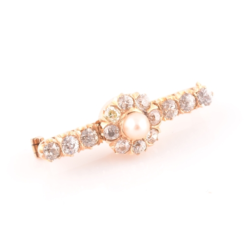 20 - A Victorian yellow gold, diamond, and pearl bar brooch, centred with a pearl measuring approximately... 