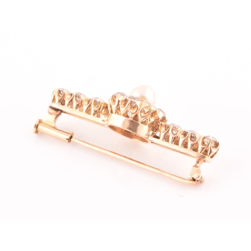 20 - A Victorian yellow gold, diamond, and pearl bar brooch, centred with a pearl measuring approximately... 