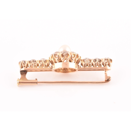 20 - A Victorian yellow gold, diamond, and pearl bar brooch, centred with a pearl measuring approximately... 