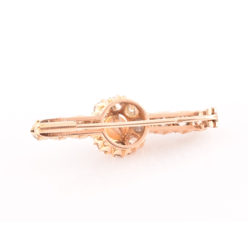 20 - A Victorian yellow gold, diamond, and pearl bar brooch, centred with a pearl measuring approximately... 