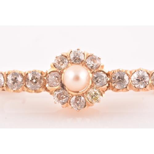 20 - A Victorian yellow gold, diamond, and pearl bar brooch, centred with a pearl measuring approximately... 