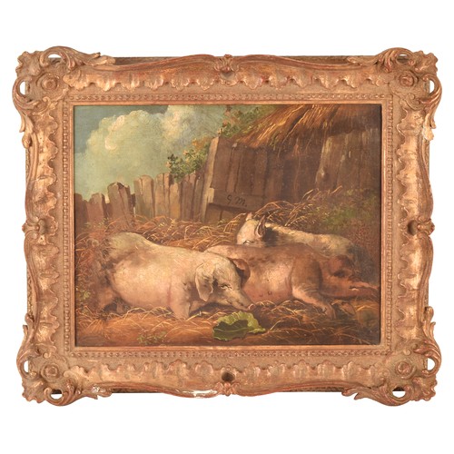 220 - Attributed to George Morland (British, 1763- 1804)a scene of pigs in a farmyard, monogrammed GM. Oil... 