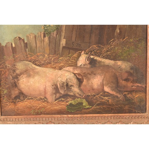 220 - Attributed to George Morland (British, 1763- 1804)a scene of pigs in a farmyard, monogrammed GM. Oil... 