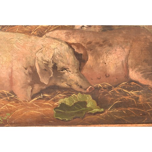 220 - Attributed to George Morland (British, 1763- 1804)a scene of pigs in a farmyard, monogrammed GM. Oil... 