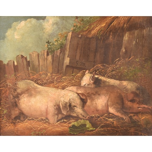 220 - Attributed to George Morland (British, 1763- 1804)a scene of pigs in a farmyard, monogrammed GM. Oil... 