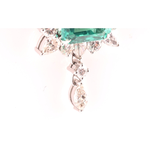 36 - An impressive diamond and emerald drop pendant necklace, set with a (synthetic) hydrothermal emerald... 