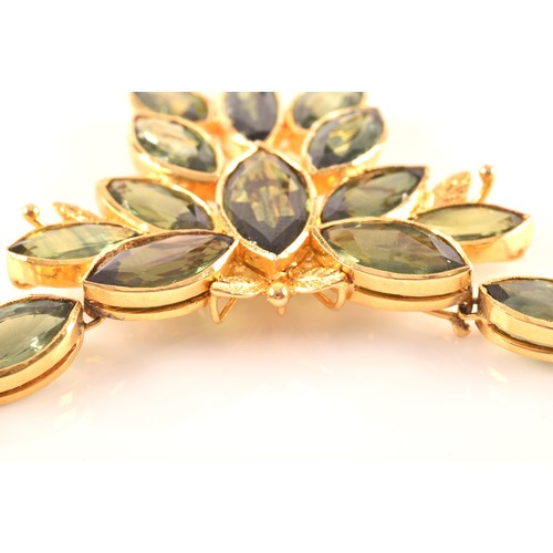 37 - A high carat yellow gold and green sapphire necklace, comprised of bezel-set mixed marquise-cut gree... 