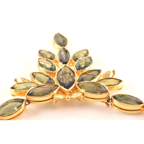 37 - A high carat yellow gold and green sapphire necklace, comprised of bezel-set mixed marquise-cut gree... 