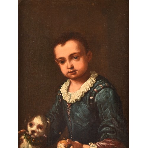 222 - 18th century English Schoola portrait of a young child seated with a dog, unsigned, oil on canvas in... 