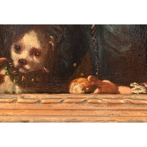 222 - 18th century English Schoola portrait of a young child seated with a dog, unsigned, oil on canvas in... 