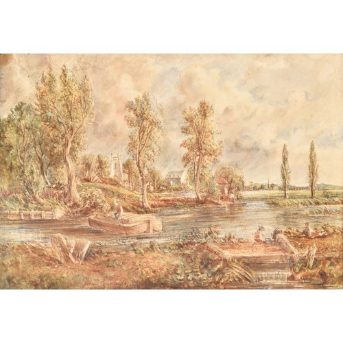 225 - After John Constable (British, 1776-1837)a peaceful river scene with figures on the bank and a figur... 