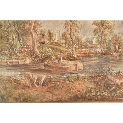 225 - After John Constable (British, 1776-1837)a peaceful river scene with figures on the bank and a figur... 