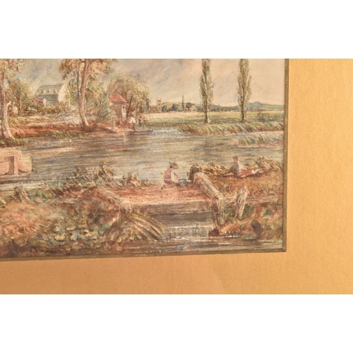 225 - After John Constable (British, 1776-1837)a peaceful river scene with figures on the bank and a figur... 