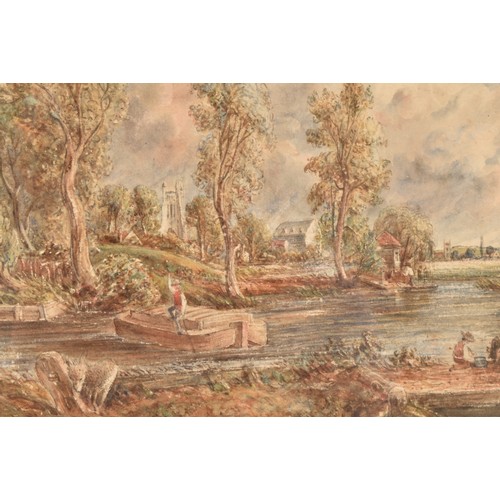 225 - After John Constable (British, 1776-1837)a peaceful river scene with figures on the bank and a figur... 