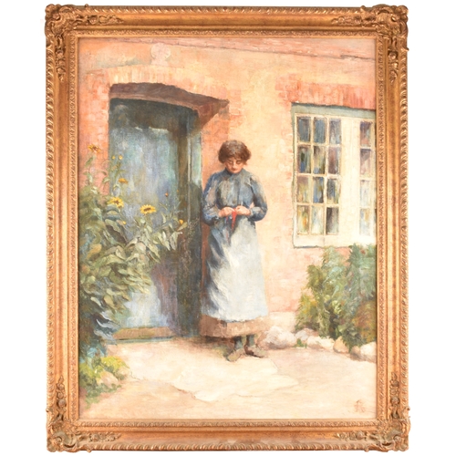 229 - 19th century English schoolThe Red Handkerchief, a lady standing at a doorway holding a red handkerc... 