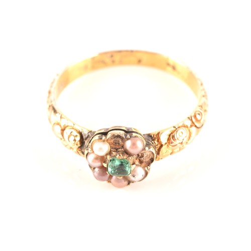 43 - A late Georgian / early Victorian yellow gold, pearl, and green paste gemstone ring, the floral clus... 