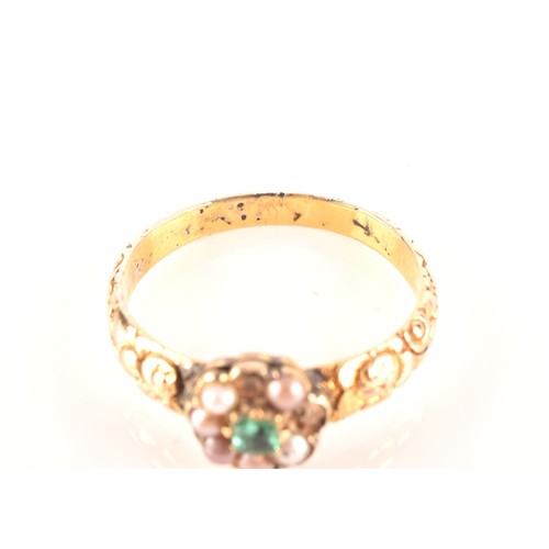 43 - A late Georgian / early Victorian yellow gold, pearl, and green paste gemstone ring, the floral clus... 