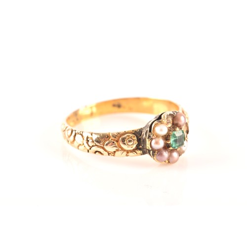 43 - A late Georgian / early Victorian yellow gold, pearl, and green paste gemstone ring, the floral clus... 