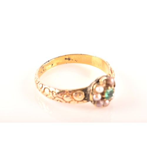 43 - A late Georgian / early Victorian yellow gold, pearl, and green paste gemstone ring, the floral clus... 