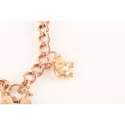 1 - A 9ct rose gold curb link charm bracelet, suspended with a yellow metal teddy bear charm, a yellow m... 