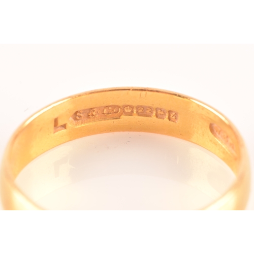 44 - A 22ct wedding band ring, approximately size P 1/2, band 4.8 mm wide, (shank split).